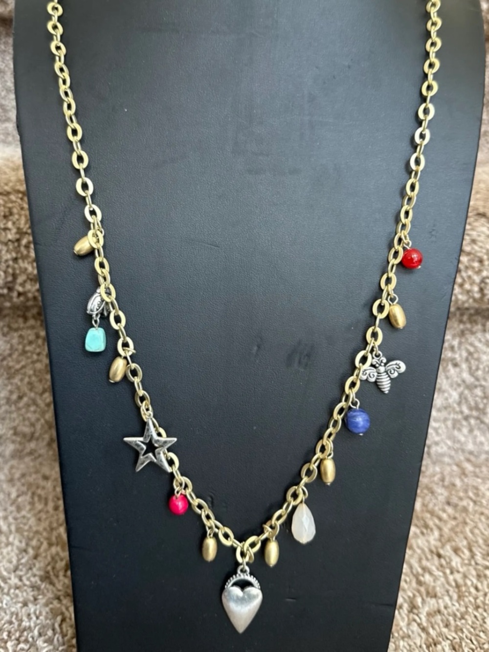 Chicos Gold Tone Charm Necklace Heart Star Bee Ladybug Beads 38”